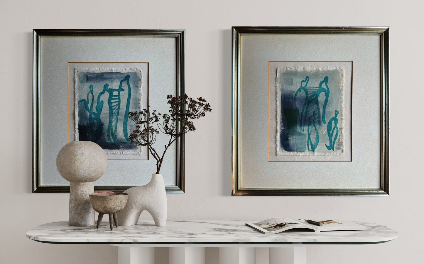 Cape Cod Blue - Pair of Silver Vintage Frames with Blue Figures on Canvas