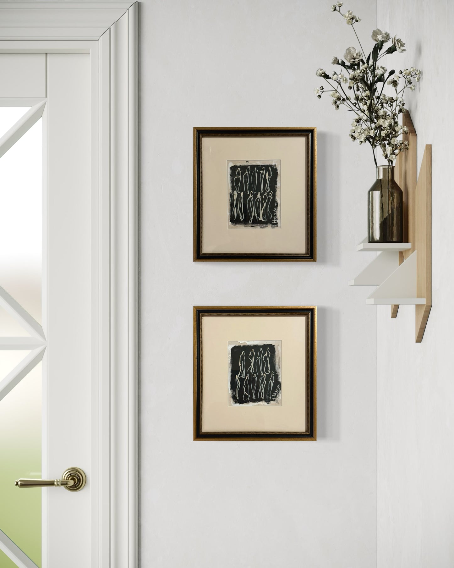Pair of Black & Gold Framed Cream Figures on Black Unstretched Canvas